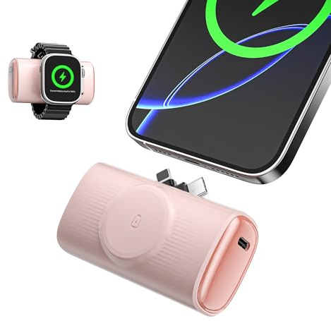 Mini 3-in-1 Power Bank 5000mAh, Wireless Charger for Apple Watch, Foldable Lightning & USB-C Ports, 20W PD Fast Charger, For iPhone 17/16/15/14/13/12serie and Samsung Galaxy Watch/S25/S24 (Pink)