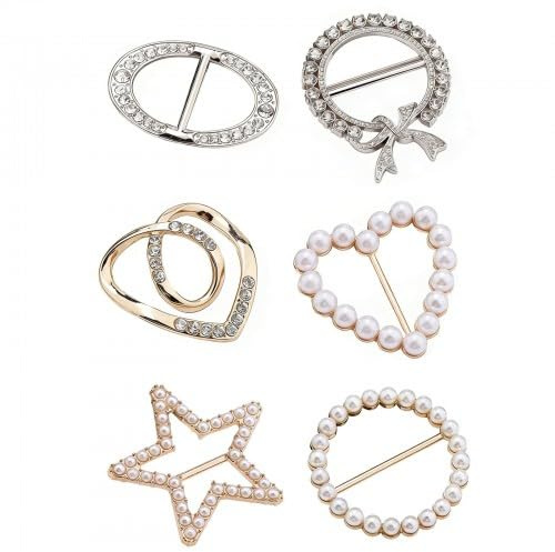 6 Stück Schalring Tuchring mit Glitzer, T-Shirt Clip Schnalle Brosche Gold & Silber Metall Shirt Clips Modische Gürtelschnalle aus Legierung für Kleidung Schals Lose T-Shirts