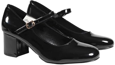 Womens 2.25 inch Heel Shoes - Round Toe Ladies Shoes Ankle Strap Pumps Mid Block Heels for Dressy Work Date Wedding Party, Black Patent, 5
