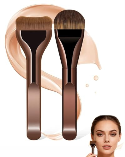 LEEQBCR 2 pezzi pennelli per trucco, fondotinta, pennello piatto, pennello per trucco, ideale per fondotinta cremoso, cipriato o liquido(Marrone)