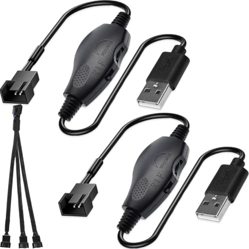 HAAMNING7 2 Pack USB 5V to 12V Step-Up Fan Controller with 3 Way 3 Pin/4 Pin PWM Splitter Cable, USB to PC Cooling Fan Sleeved Power Adapter Cable with Switch and Speed Control Regulator