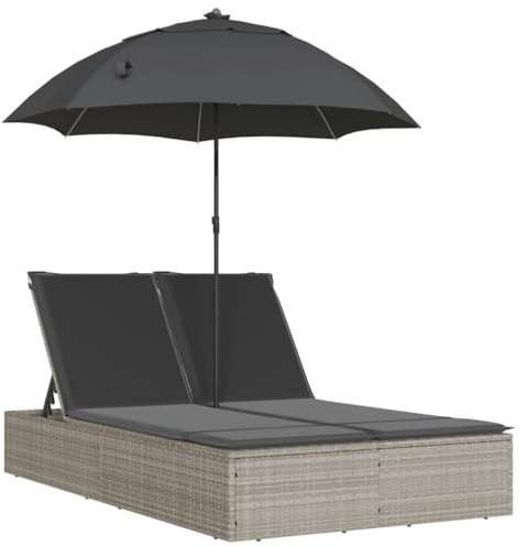 QJBSAVVA Doppel-Sonnenliege mit Schirm und Kissen, 2-Personen Gartenliege aus Poly Rattan, Sonneninsel mit Verstellbarer Rückenlehne für Garten und Terrasse, Hellgrau, 200x164 cm