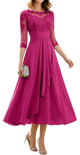 Vestido de gasa acampanado, para madre de la novia, con apliques de encaje, manga 3/4, vestido de graduación, fucsia, 40