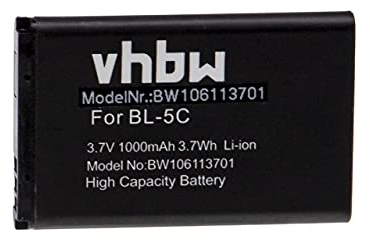 vhbw Akku kompatibel mit Nokia 100, 101, 106 Dual SIM, 1100, 1101, 1110, 1110i, 1112, 1600 Handy Smartphone Telefon (1000mAh, 3,7V, Li-Ion)