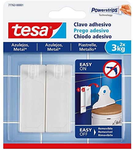 tesa Clavo Adhesivo para Azulejos y Metal 3 kg, Clavo Adhesivo de Alta Resistencia para Superficies Lisas en Baños y Cocinas, Gancho de Tira, Sostiene hasta 3 kg