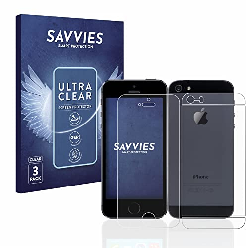 Savvies 6 Stück Schutzfolie für Apple iPhone 5 / 5S / 5C / SE 2016 (Vorder + Rückseite) Displayschutz-Folie Ultra-Transparent