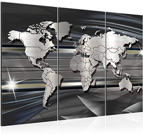 Runa Art Carte Du Monde Peinture Tableau Salon XXL Noir Blanc Abstrait 120 x 80 cm 3 Parties Decoration Murale 107931a