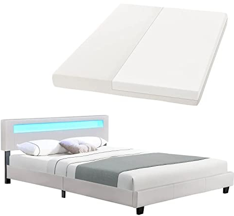 Juskys Polsterbett Paris 180x200 cm mit LED Beleuchtung, Matratze, Lattenrost & Kopfteil - Kunstleder & Holz - weiß - Bett Doppelbett Bettgestell