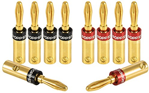 POPPSTAR 10x High End Bananensteckerl (bis 4 mm² verschraubt, verlötet 5 mm², 24k vergoldet, 5X schwarz, 5X rot)