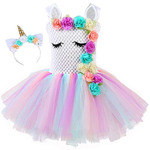 Mädchen Prinzessin Einhorn Blumen Regenbogen Tutu Kleid mit Baumwollfutter & Stirnband Horn Gr. L, mehrfarbig
