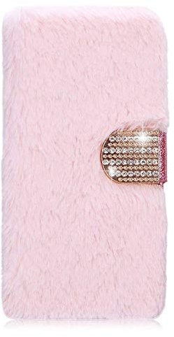 Awenroy Furry Wallet Case for iPhone SE iPhone 5S iPhone 5 Fluffy Handmade Hair Soft and Comfortable Plush Vogue Stylish and Bling Crystal Design Premium Leather Flip Wallet Case - Pink