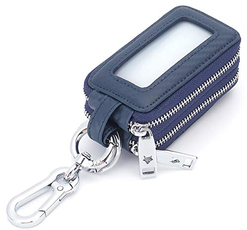 Aileder Autoschlüsseletui echtes Leder Autoschlüssel-Geldbörse Schlüsselanhänger Halter mit Metallhaken und Fenster, Doppelreißverschlusstasche für Autofobs und Hausschlüssel, Marineblau