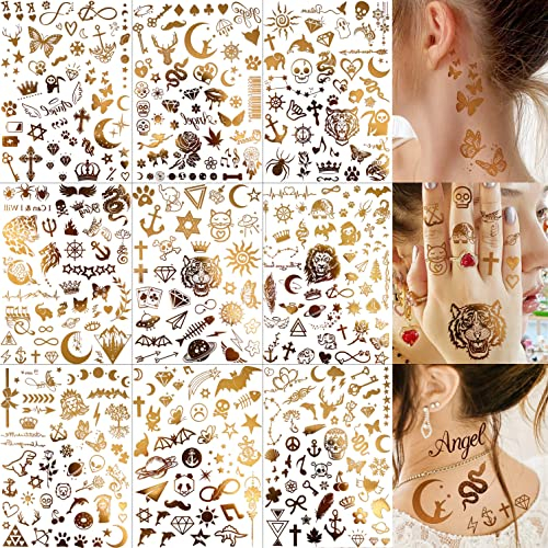 EGMBGM 9 Blätter 188+ Gold Metallic Temporäre Damen Flash Fake Goldene Tattoo, Festival Accessoires Frauen Zubehör Klebetattoos Erwachsene, Halloween Klebe Tattoos Zum Aufkleben Haut