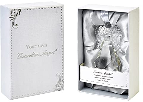 Thank you Guardian Angel with Heart Figurine transparent Crystal Ornament for Home, Outdoor Garden & Office | Glass Statue Religious Heart-Warming Caption in Gift Box | Home Decor Gifts, One Size