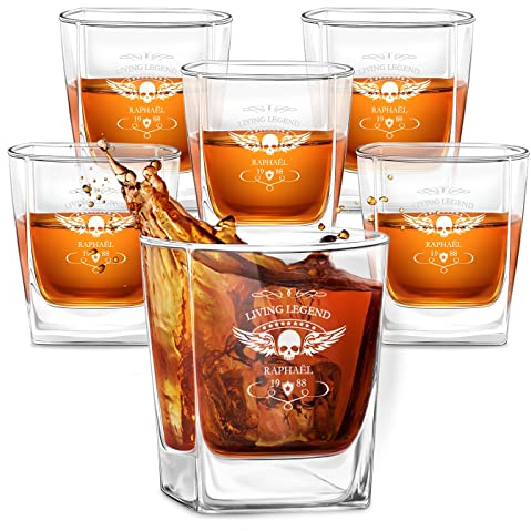 Maverton Ensemble de 6 Verres à Whisky pour lui - Cadeau Homme - Verres classique pour connaisseurs - Gravure au Laser sur chaque Verre a Whisky 250 ml - Cadeau Personnalisé pour homme - Legend