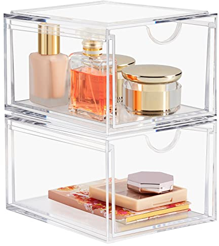 Boxalls 2 Stücke Organizer Schublade Stapelbare Acryl, 20% Dicker Transparenter Make up Badezimmer Organizer, Schmink Aufbewahrung Box für Kosmetik, Hautpflege, Spülbecken, Schreibtisch und Kommode