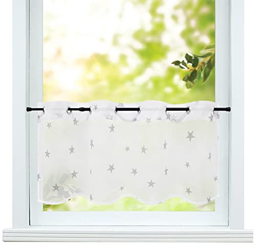 ESLIR Scheibengardine mit Ösen Gardinen Küche Bistrogardinen Transparent Stores Vorhänge mit Sterne Muster Kurzgardinen Voile Grau HxB 45x90cm 1 Stück