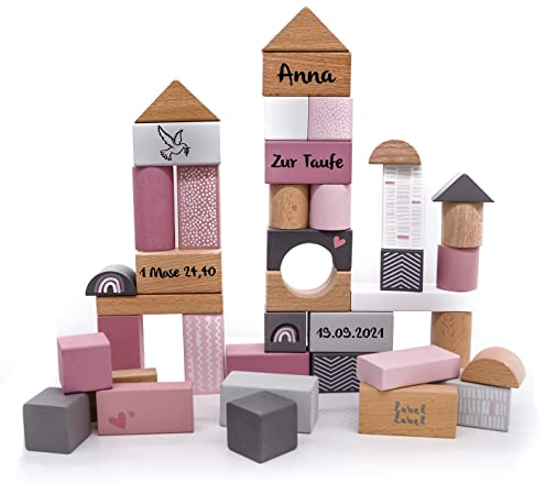 Niedliche Stapelsteine aus Holz I personalisierbare Bausteine ab 2 Jahren in rosa I Motorikspielzeug mit Holzbox 50 Stück I buntes Holzspielzeug als Taufgeschenk für Jungen und Mädchen