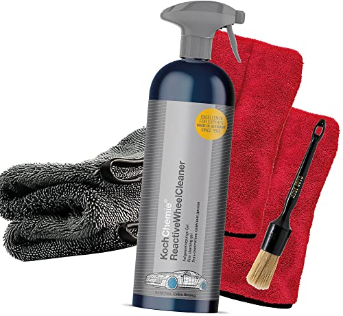 Felgenreinigungs Bundle: Koch Chemie Reactive Wheel Cleaner Felgenreinigungsgel 750ml + Nuke Guys Felgenpinsel + 2x Nuke Guys Präzisionshandschuh + detailmate Trockentuch 1000GSM