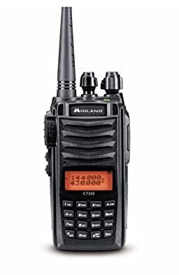 Midland CT-310 Walkie Talkie VHF/UHF Doble Banda, 200 Canales, Pantalla Color, Señal Digital DSP, Batería Recargable 1200 mAh, Cargador de Sobremesa, Clip para Cinturón y Correa de Mano