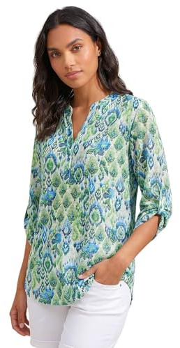 Roman Shirt for Women UK Ladies Top Collarless Blouse Stretchy Tunic Smart Casual Autumn Winter Jersey 3/4 Length Sleeve Notch V Neck Flattering Office Work Green Beige