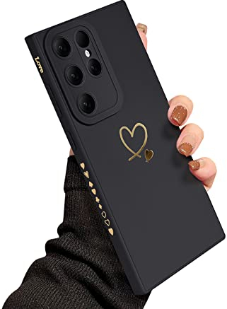 Newseego Handyhülle Samsung Galaxy S23 Ultra Hülle für Frauen Mädchen, Gold Herzmuster Weiches Silikon Niedlicher Herz Rand Stoßfeste Kamera Schutzhülle -Schwarz