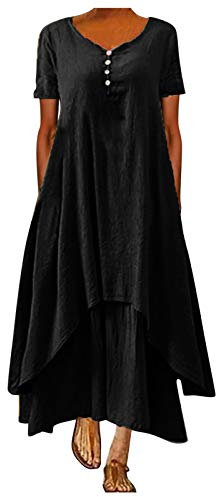 Générique Robe Femme Ete Mi Longue BohèMe Manches Longues Eté Boheme Dress Plissée avec Poches Mode Sundress Longue Chic Elegante Robes en Lin Lâche Longue Robe Maxi Robes