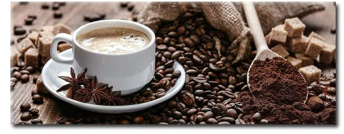 daazoo Glas Küchenbild White Cup 30 x 80 cm | Wake up and smell the coffee ! Hochwertig verarbeitetes Glasbild, ein echter Hingucker in Ihrer Küche | Wandbild Kaffee Deko groß Querformat