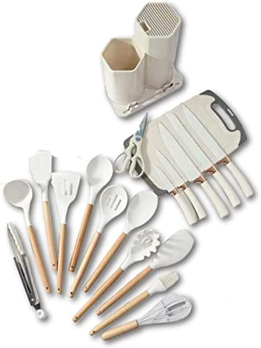 Set Utensili Cucina tagliere coltelli Set 20 Pezzi Silicone Resistente Calore Manico Legno Antiaderenti Strumento Cottura Termoresistenti spatole cucchiaio frusta pennello mestolo paletta bianco