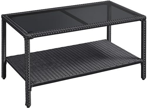 Abician Table Basse de Jardin Table Basse Résine Tressée avec Plateau en Verre Trempé Étagère de Rangement Table d’extérieur pour Patio Terrasse Salon Style Rotin Gris