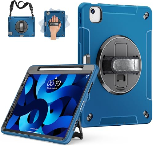 Gralifcare Hülle für iPad Air 5.Generation: Robuste Schutzhülle für iPad Air 10.9 2022 Stoßfeste Case in Militärqualität für iPad Air 5/4 mit Stifthalter-360°Drehbarer Ständer–Schultergurt-Blau…