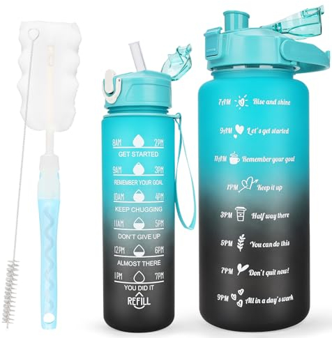 CodiCile 2 Pack Trinkflasche BPA-frei 2L+750ml, Sport-Trinkflasche mit Zeitmarkierung & Strohhalm, 2 Liter Trinkflasche fürs Fitnessstudio mit Bürste, Großer motivierender Zeitmarker Wasserflasche