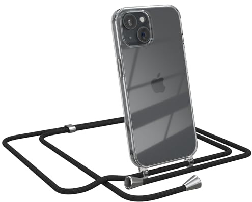 EAZY CASE Handykette kompatibel mit iPhone 15 Handyhülle mit Umhängeband, Handykordel mit Schutzhülle, Silikonhülle, Hülle mit Band, Stylische Kette für Smartphones, Schwarz