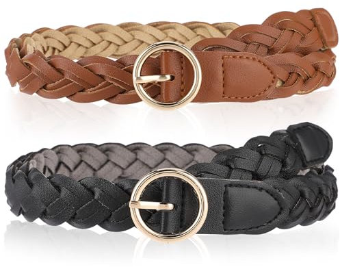 Amaxiu 2 Stück geflochtener PU Ledergürtel für Damen, dünner gewebter Riemen O Ring Schnalle Taillengürtel für Kleid Jeans Rock Hose(schwarz+braun)
