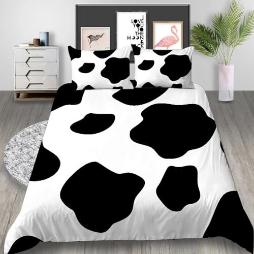 KLJFIGUT Bettwäsche 135x200 Schwarze und weiße Kuhflecken 3 Teilig Bettbezug mit Reißverschluss, Weiche Mikrofaser Bettwäsche-Sets für Kinder - 1 Bettbezüge und 2 Kissenbezug 80x80cm