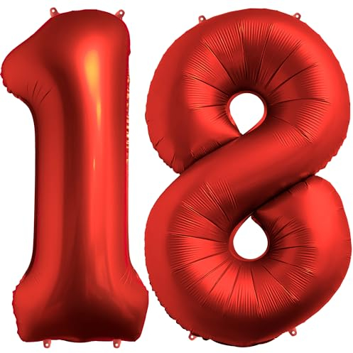 FUNFEST 100 cm rote Chrom-Luftballons zum 18. Geburtstag – Geburtstagsballon-Dekoration – inklusive XL-Ballon zum 18. Geburtstag und Strohhalm – Heliumfliegen