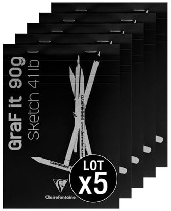 Clairefontaine 96618Cpack - Packung 5 Zeichenblock - Memoblock GraF'it geheftet, 80 Blatt Zeichenpapier blanko 90g, DIN A6 10,5x14,8 cm 90g, Einband Schwarz, 1 Pack