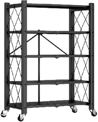 JOYBOS - Faltbares Lagerregal mit 5 Regalböden mit Rollen, ohne Montage, 71 x 34 x 165 cm, Schwarz