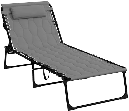 Outsunny Sonnenliege, Klappbare Gartenliege mit Kopfkissen, Liegestuhl mit Verstellbarer Rückenlehne, Griff, Relaxliege mit Seitentasche, für Garten, Balkon, Oxford, Grau
