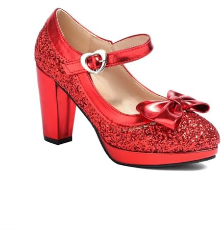 Elyffany Woman Fashion High Heeled Mary Jane Shoes Sparkly Sequins Glitter Bow Pumps, Red, 5.5
