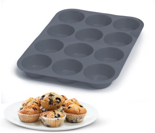 Dessyz Muffin Trays for Baking 12 Cups – Premium Silicone Non-Stick Cupcake Tray for Yorkshire Pudding, Baked Goods & Sweets – Dishwasher Safe Muffin Tin – 33 x 24.6 x 3cm (Grey, 1 Pack - 12 Cups)