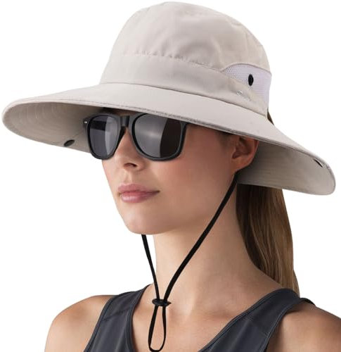 DRESHOW Damen Sonnenhut Outdoor UV-Schutz Hut Faltbar Mesh Breite Krempe Angeln Pferdeschwanz Strand Eimer Hüte mit Sonnenbrille