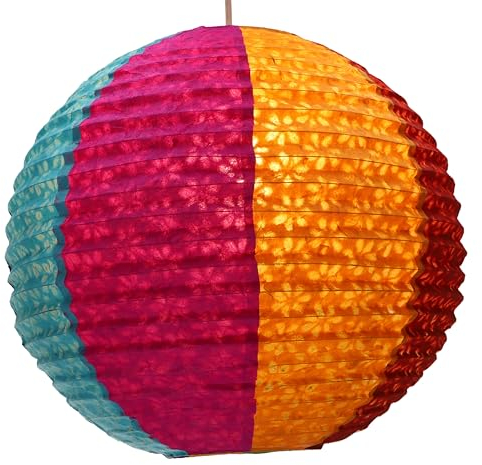 GURU SHOP Runder Lokta Papierlampenschirm, Boho Hängelampe Coronada - Ø 35 cm Bunt, Lokta-Papier, Asiatische Lampenschirme aus Papier & Stoff