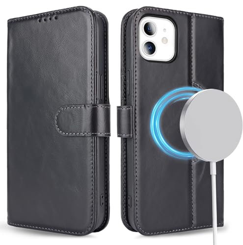 ELTEKER Handyhülle für iPhone 12/12 Pro Hülle [Echtes Leder] Klapphülle Schutzhülle Flip Case - Schwarz
