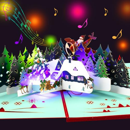 3D Pop-Up Weihnachtskarte mit Musik & Lichtern – Festliche Karte mit Santa Claus, Flugzeug, Rentieren & Winterlandschaft – Einzigartige Weihnachtskarte für Familie, Freunde, und Liebste, mit Umschlag