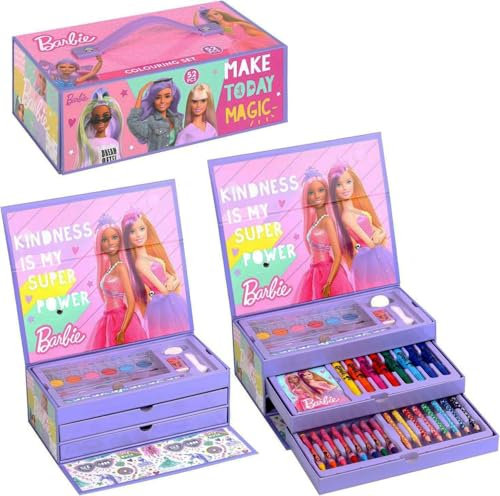 Barbie Art Set 52pc Colouring Tool Box - Pencils Pens Paint Art & Craft Supplies - Kids Activity Stationery Chest Pink Girls Unicorn Barbies