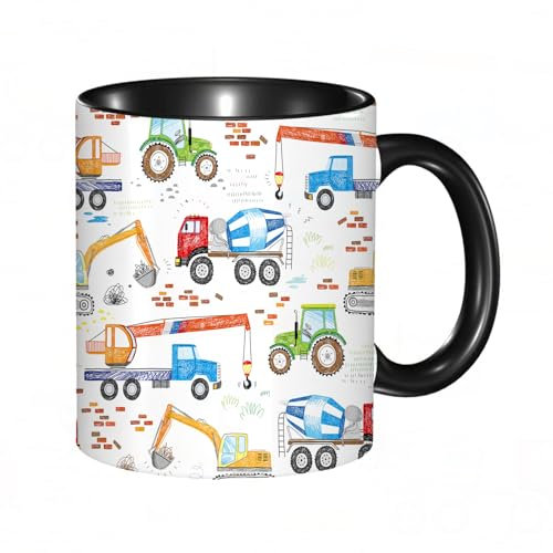 EKLMPS Tazas de Café,Taza de Cerámica para Té y Café,330ml/11oz,Regalos original,Aniversarios,nupical,desayuno,Románticos,Camiones de construcción dibujados por niños, tractores, excavadoras, grúas, h