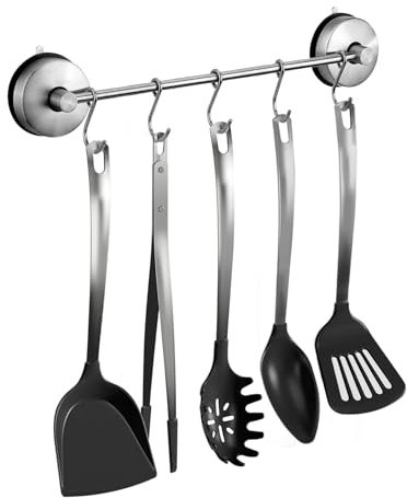Poywaze Suction Cup Utensil Holder with 5 Hooks, SUS 304 Stainless Steel Kitchen Tool Hooks 35cm Never Rusts, No Drilling Removable and Reusable Bathroom Hooks