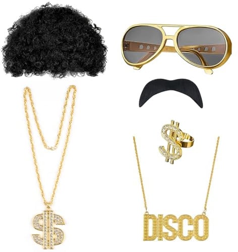 CYUaoao 80er Jahre Outfit Herren Perücken 6 Stück 80er Perücke Kostüm Goldkette Herren Afro Perücke Goldkette Retro Party Outfit für Fasching 70er/80er Goldkette Fasching HipHop Zuhälter Kostüm Set