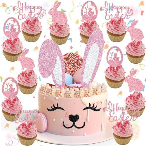lankai 17 Stück Frohe Ostern Hase Tortendeko, Party Hase Kuchen Dekoration Für Ostern, Rosegold Hase Ostern Kuchen Deko, Tortendeko Hase Themenparty, Für Ostern, BabyGeburtstag, Häschenparty